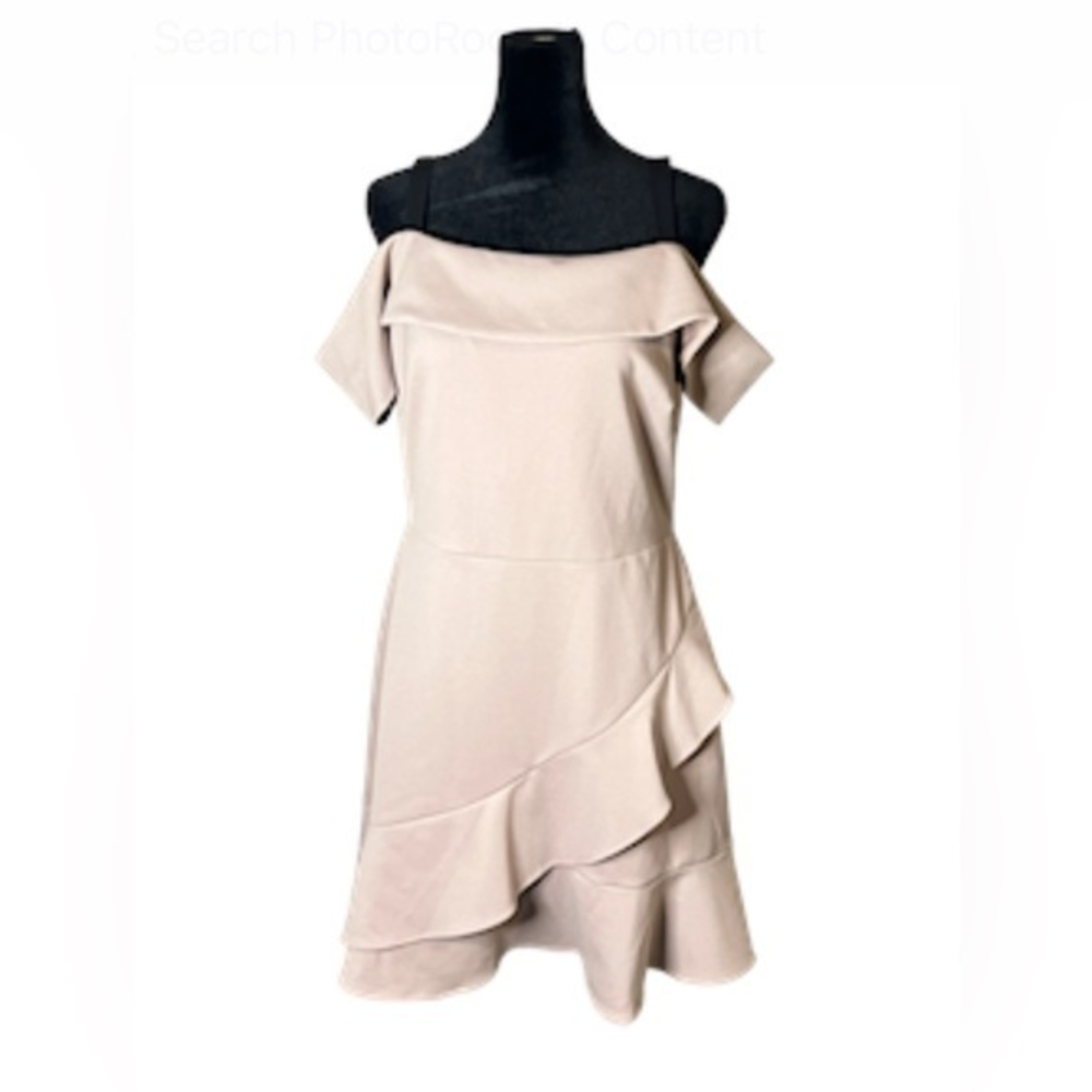 Adelyn Rae Women's Ruffle Shoulder Tan Sheath Dress Size Large - Picture 1 of 11